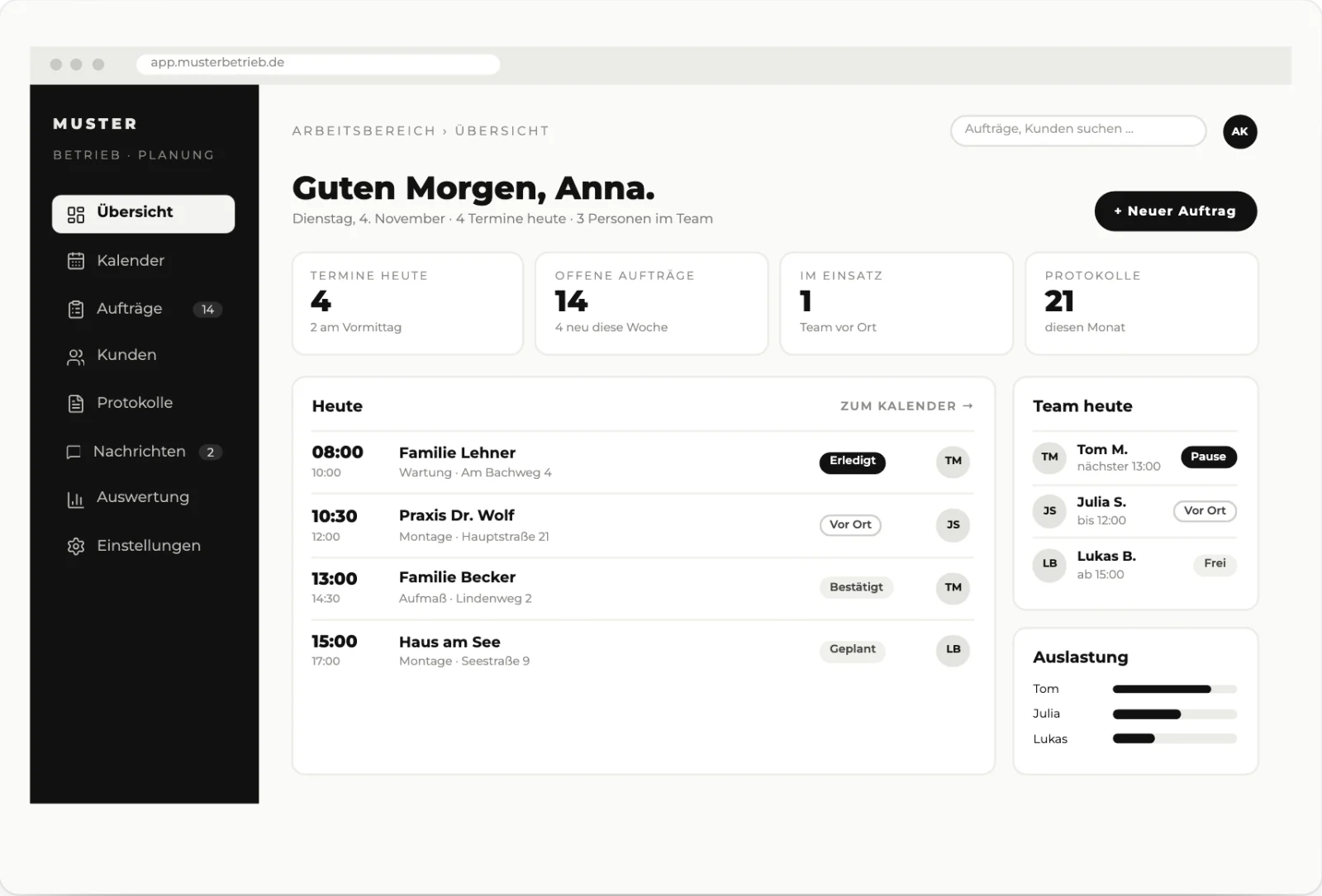 Übersicht einer Planungs-Web-App mit Kennzahlen, Terminen des Tages und Team-Status.