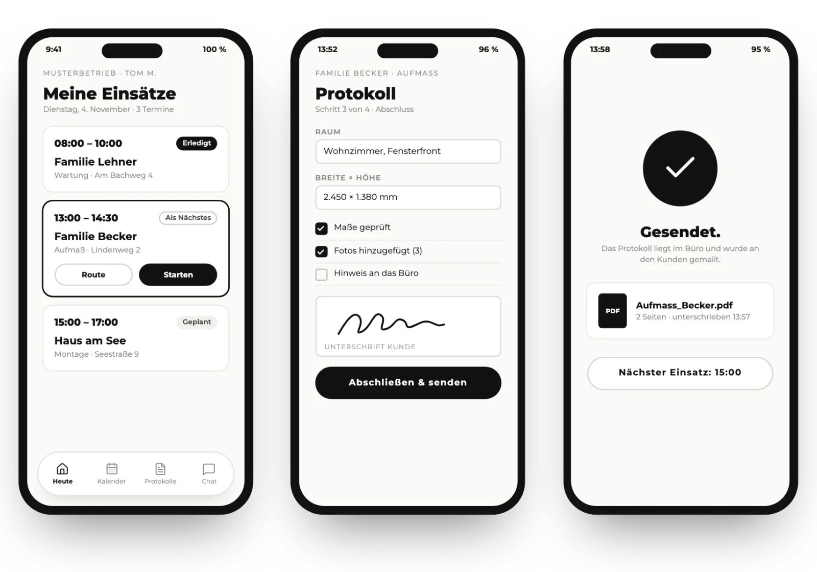 Drei Handy-Ansichten: Einsätze des Tages, Protokoll mit Unterschrift, Protokoll gesendet.