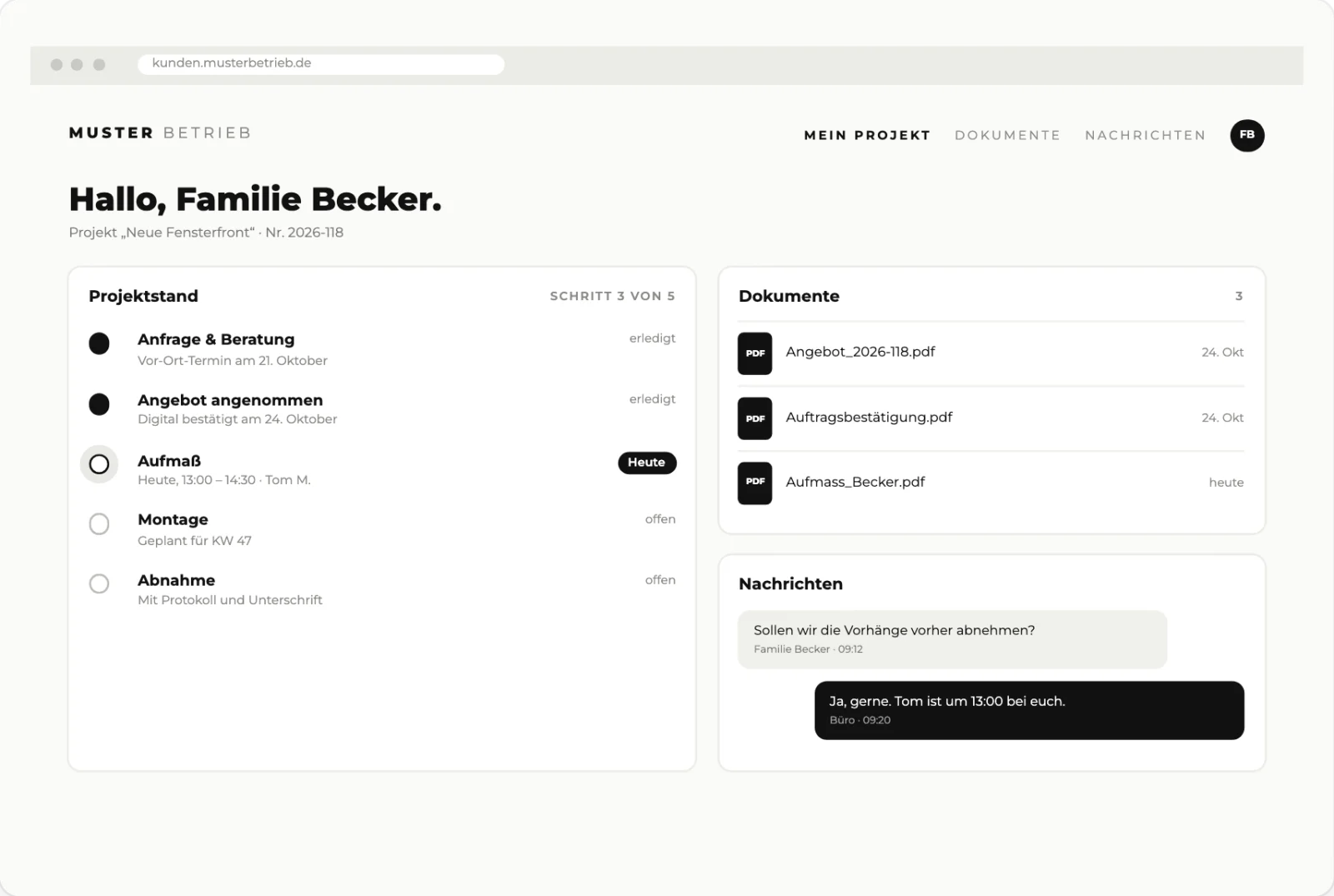 Kundenportal mit Projektverlauf in fünf Schritten, Dokumenten und Nachrichten.