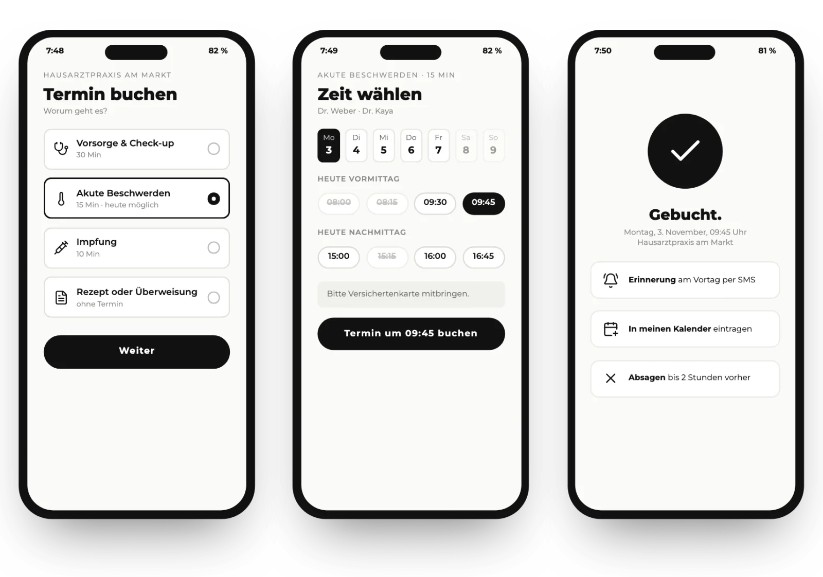 Drei Handy-Ansichten einer Praxis-Terminbuchung: Anliegen wählen, Uhrzeit wählen, Buchung bestätigt.